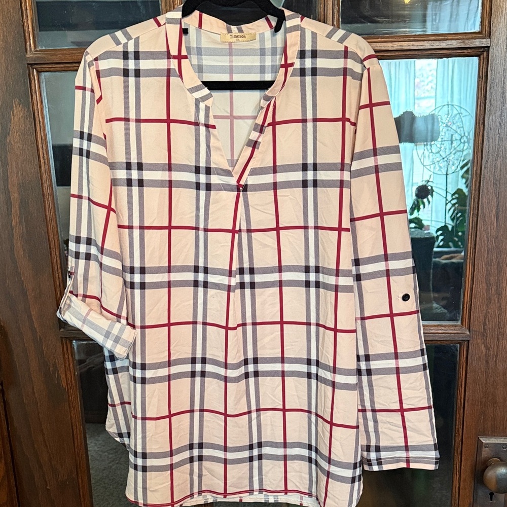 Timeson Womens XL Plaid Roll Tab Sleeve V-Neck Blouse Beige‎ Red Black Business